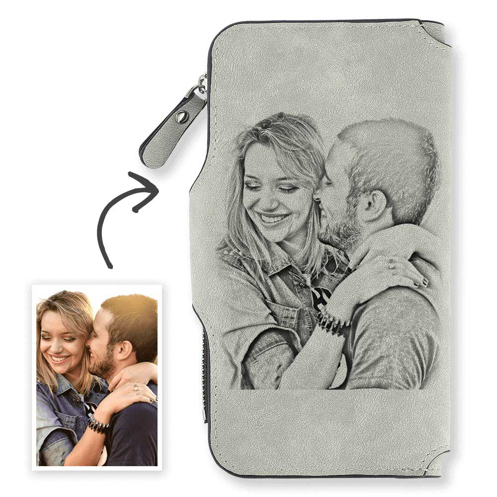 Valentine's Day Gifts For Woman - Women's Long Style Custom Photo Wallet Grey Personalized Wallets