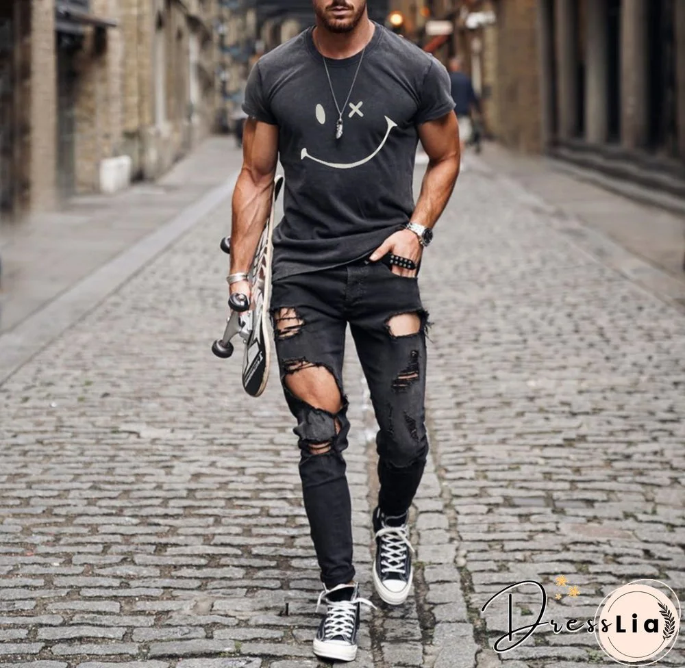 Mens Fashion Washing Short Sleeve Smiley T-Shirt