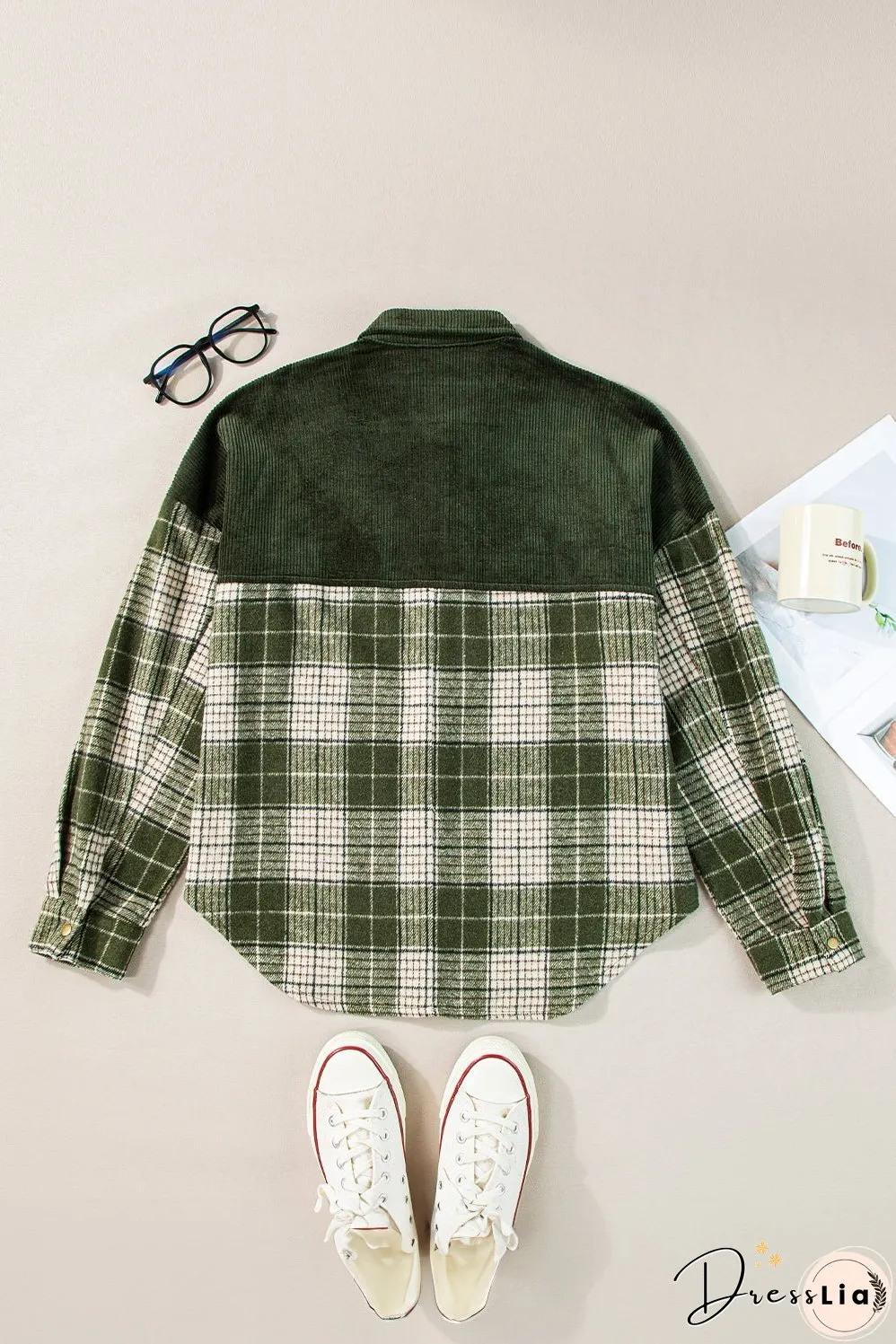 Green Plaid Corduroy Jacket with Pockets