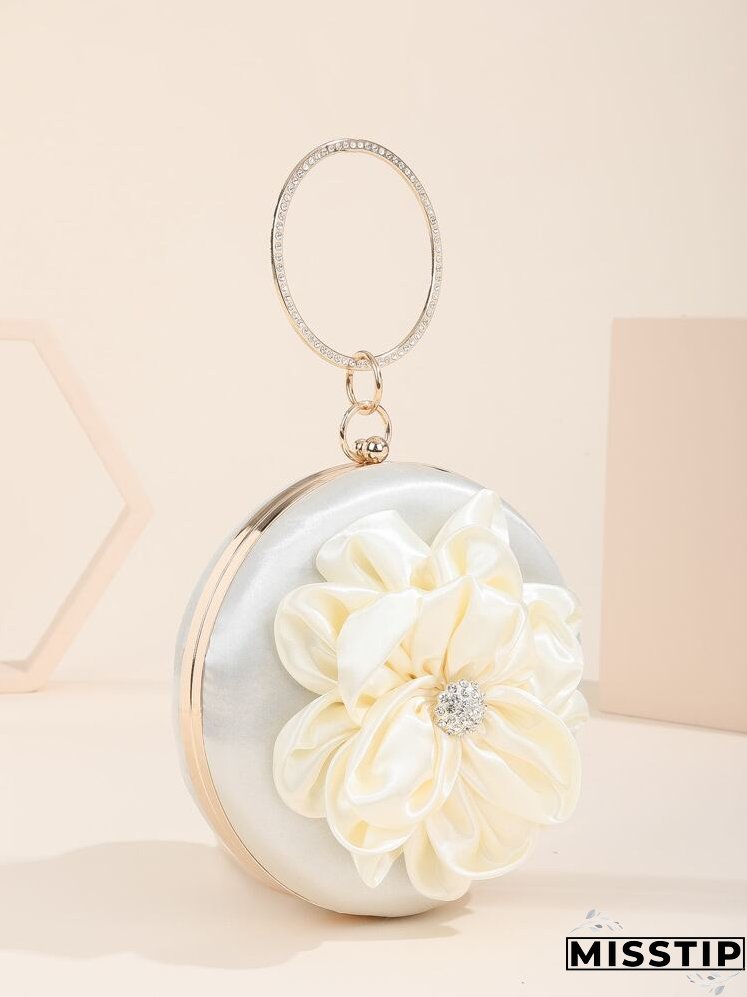 Rhinestone & Flower Decor Ring Handle Design Circle Bag