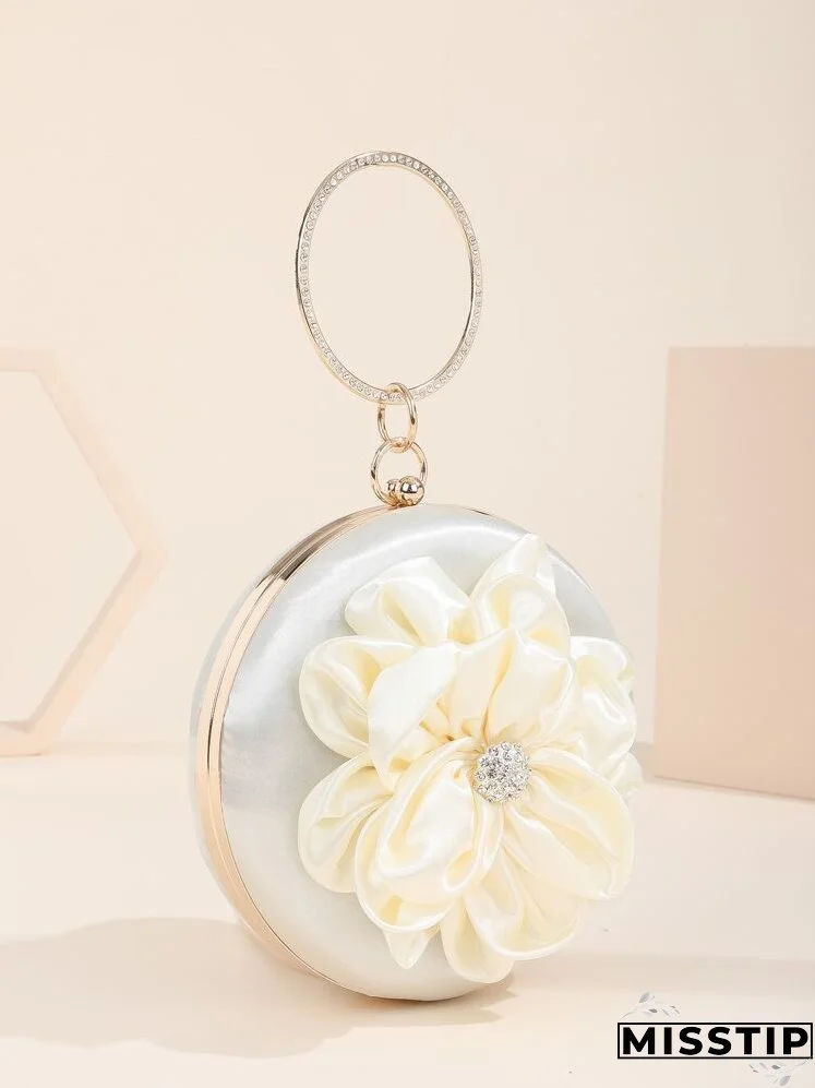Rhinestone & Flower Decor Ring Handle Design Circle Bag