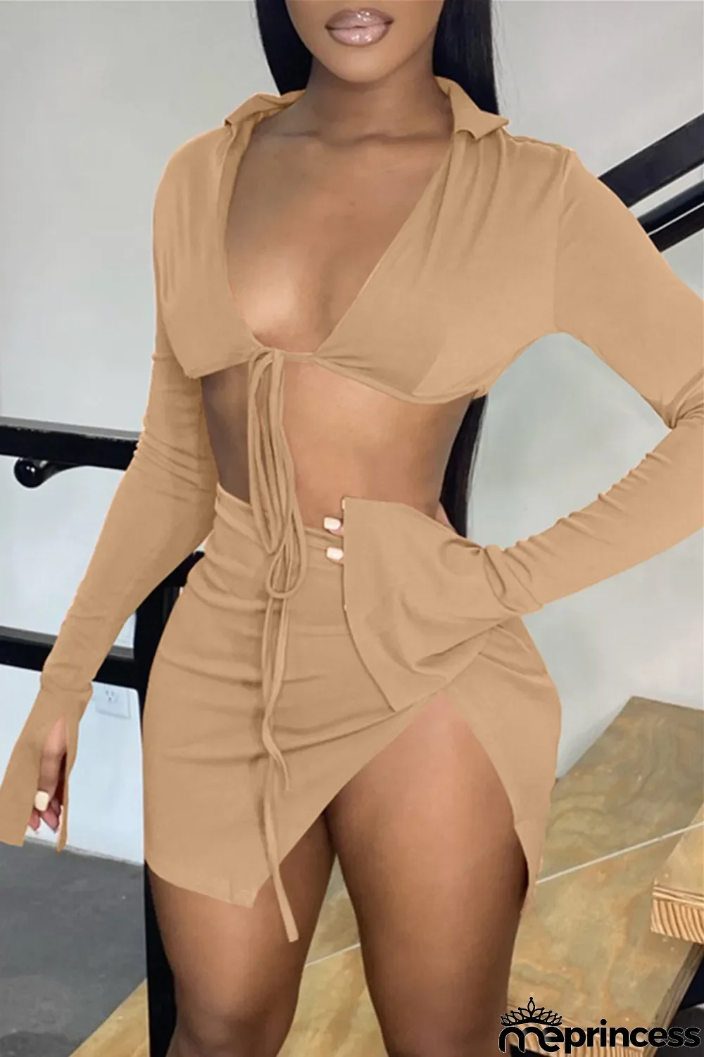 Black Sexy Casual Solid Bandage Slit V Neck Long Sleeve Two Pieces