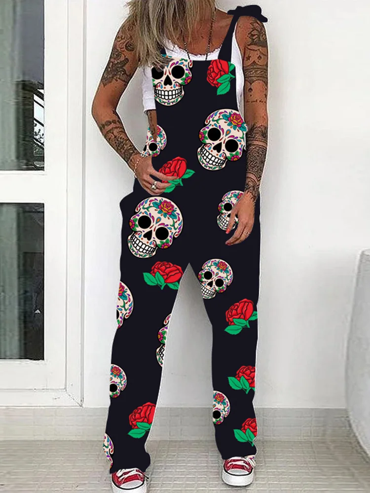 Women's Skull Print Strappy Jumpsuits Casual Fashion Sleeveless Pockets Loose Jumpsuit 2023 Summer Elegant Trendy Playsuits