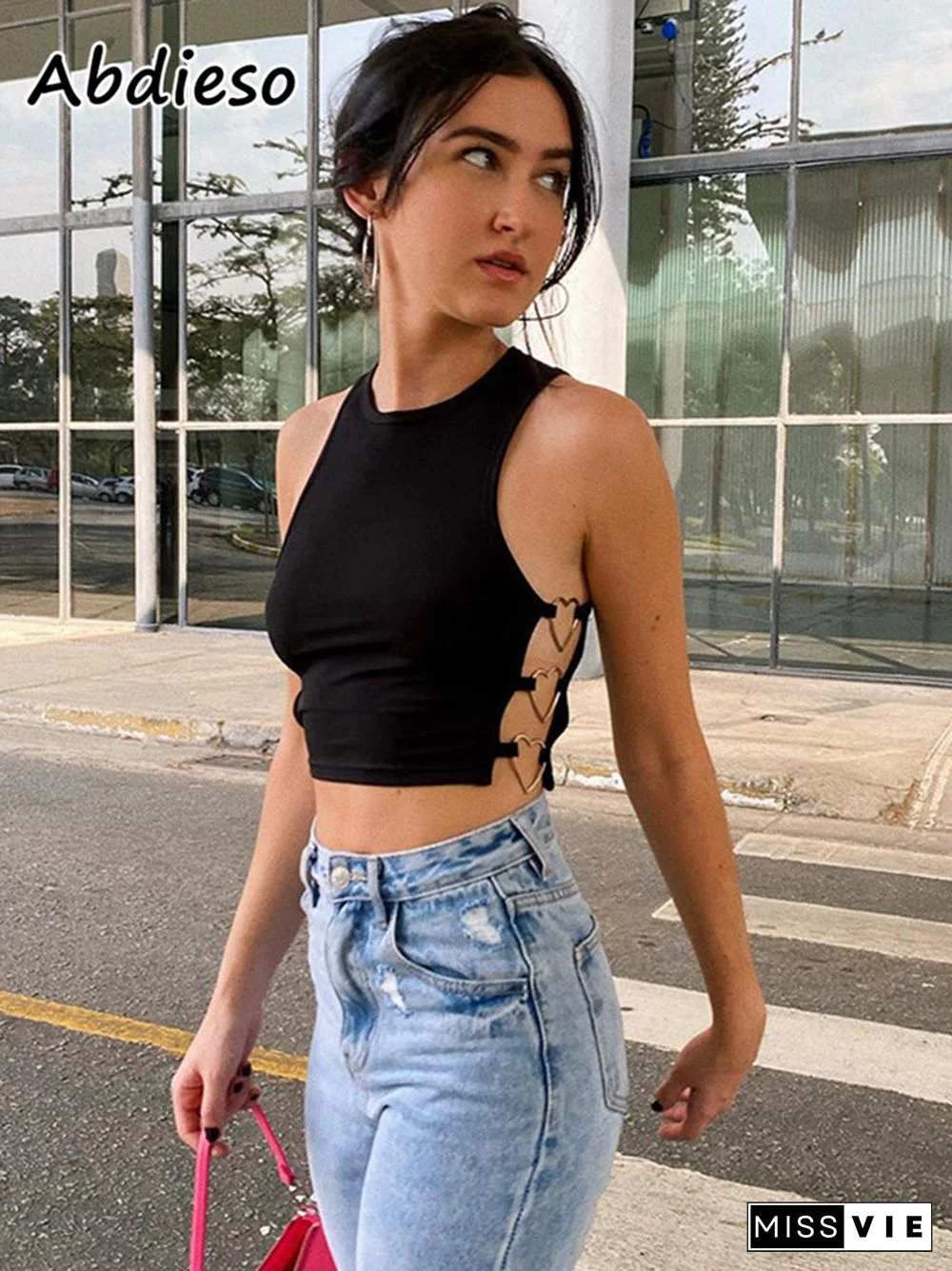 Black Hollow Out Streetwear Y2K Tops Casual Sleeveless O Neck Summer Design Ribbed Tank Top Sexy Women Clothes