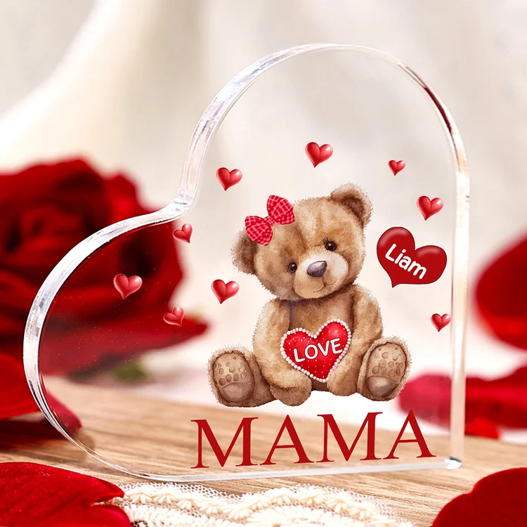 Personalisierter 1 Name & Text Teddybär Herz Familie Acryl-Deko Schreibtischdekoration für Mutter