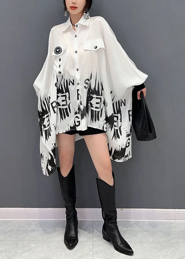 Art White Asymmetrical Oversized Print Chiffon Shirt Top Batwing Sleeve