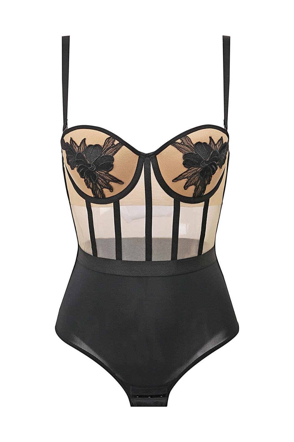 Wriufred Embroidered Siamese Underwear Slim Gathered Bra Sexy Lace Bra Set, Steel underside Bralette with High Waist Pants
