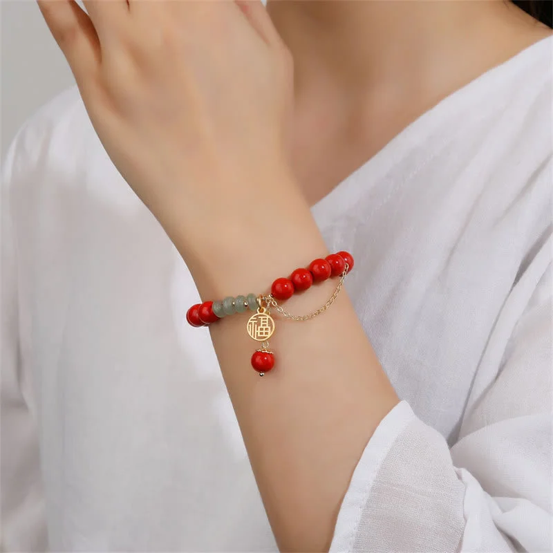 Cinnabar Auspicious Fu Character Jade Calm Bracelet