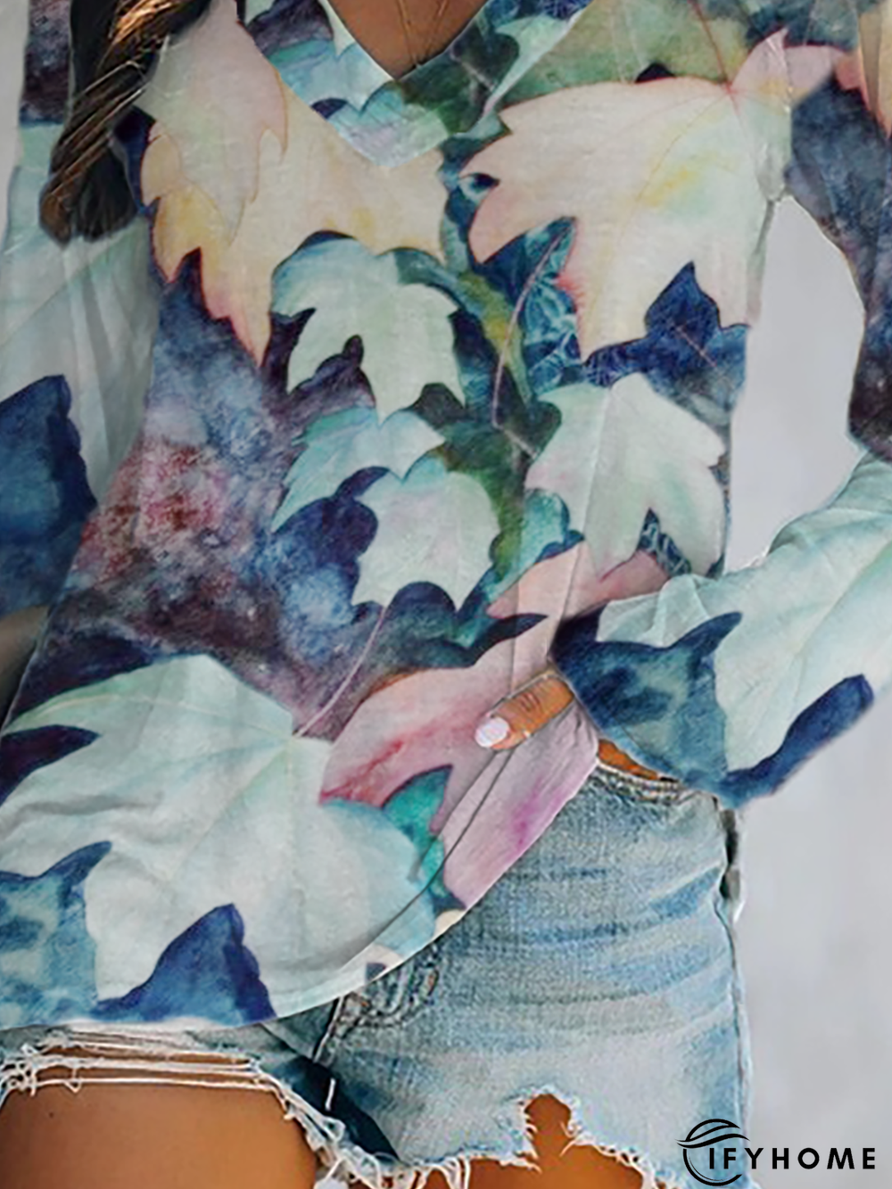 Loosen Leaves Printed V Neck Tunic T-Shirt | IFYHOME