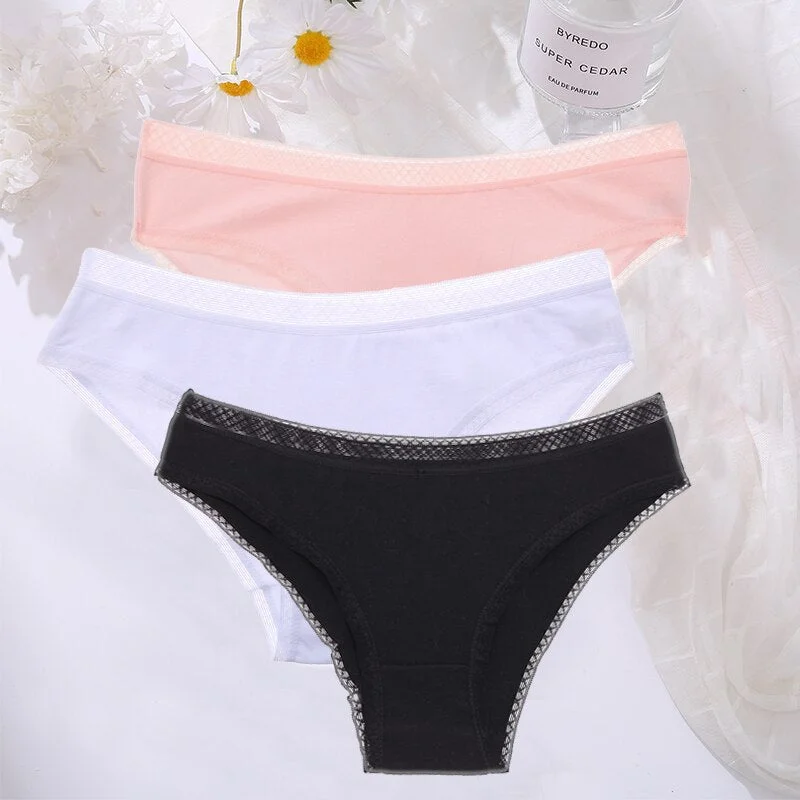 FINETOO 3PCS/Set Cotton Women Mesh Panties Sexy Perspective Lingerie Femme Underwear Girl Underpant Breathable Woman Panty Tanga