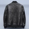 Mens Fashion Casual Short Wide-Waisted Spliced Embroidery Genuine Leather Jackets O-Neck Zippers Pockets Sheepskin Coat