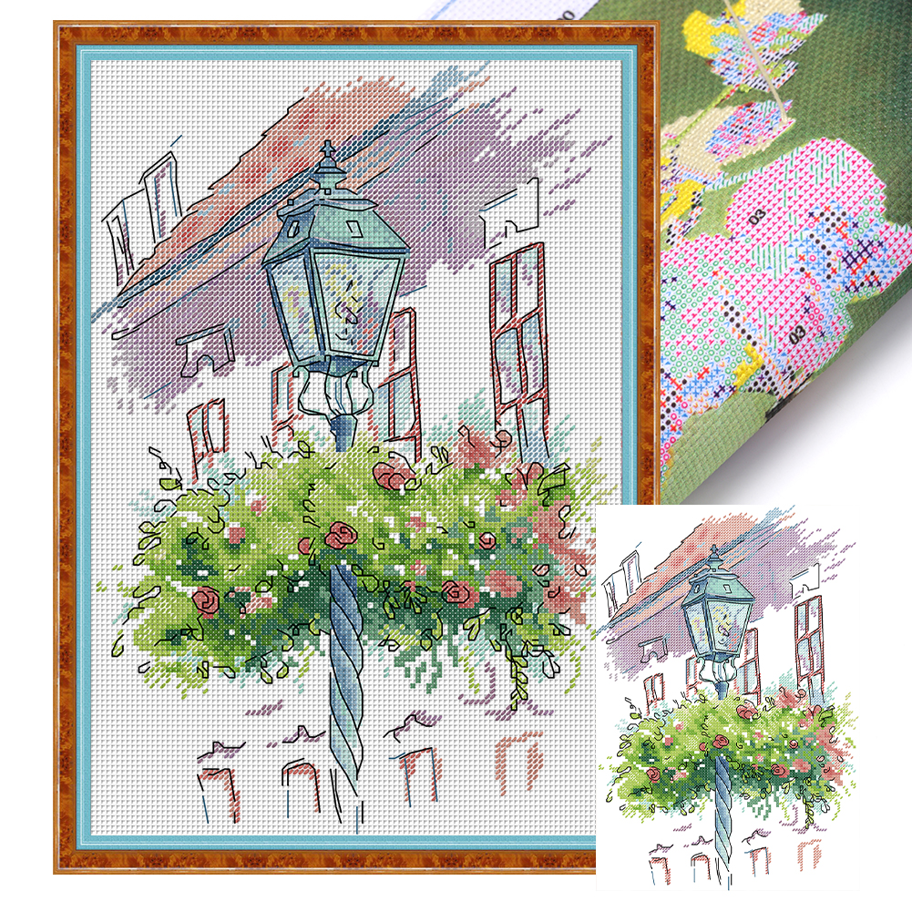 Rose Street Lamp Partial 14CT Pre-stamped Canvas(23*33cm) Cross Stitch(backstitch)