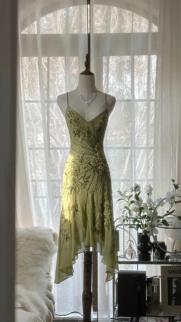 Green Romantic Fashion Elegant Delicate Floral Appliqu&eacute; Beaded Spaetti Straps Midi/Short Chiffon Ruffle Ball Gown Evening Gown Party Gown