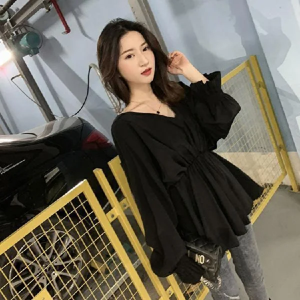 Blouse Womens Summer Spring White Women Shirts V-Neck Pleated Batwing Sleeve Ruffles Hipster Girl Elastic Waist Solid Casual New