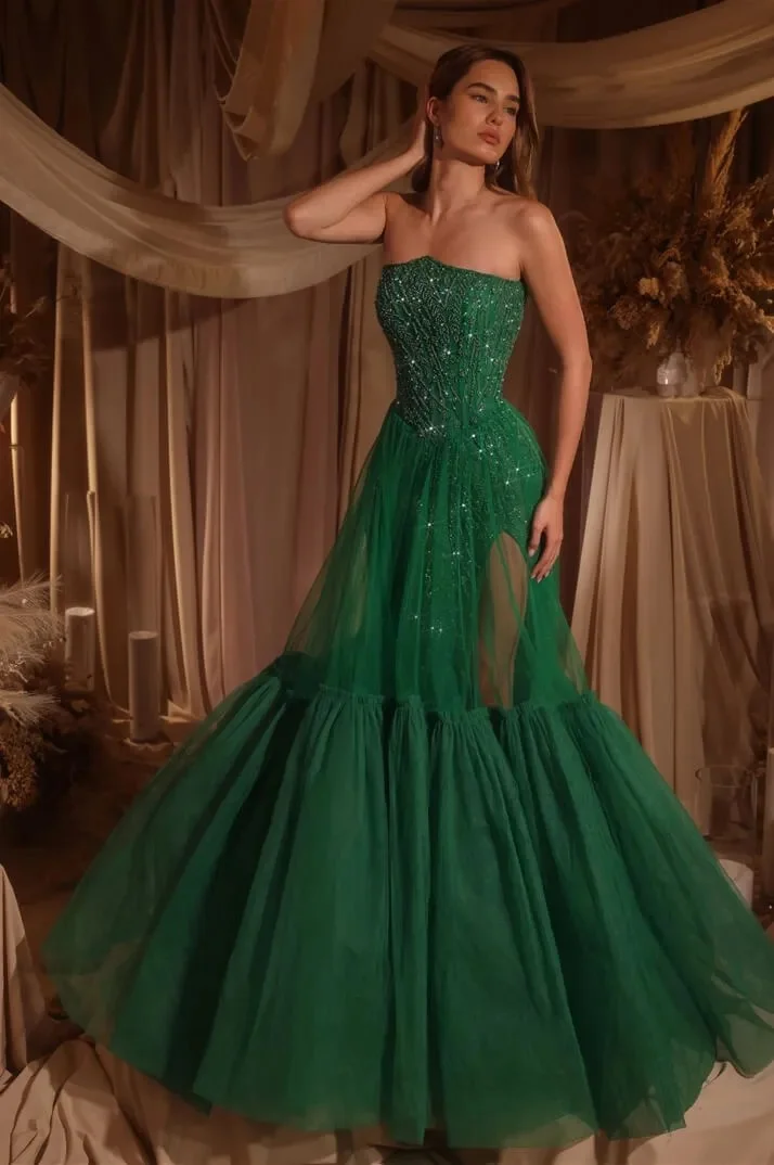 Miabel Stunning Sequins Dark Green Tulle Strapless Sleeveless Long Prom Dress with Split 