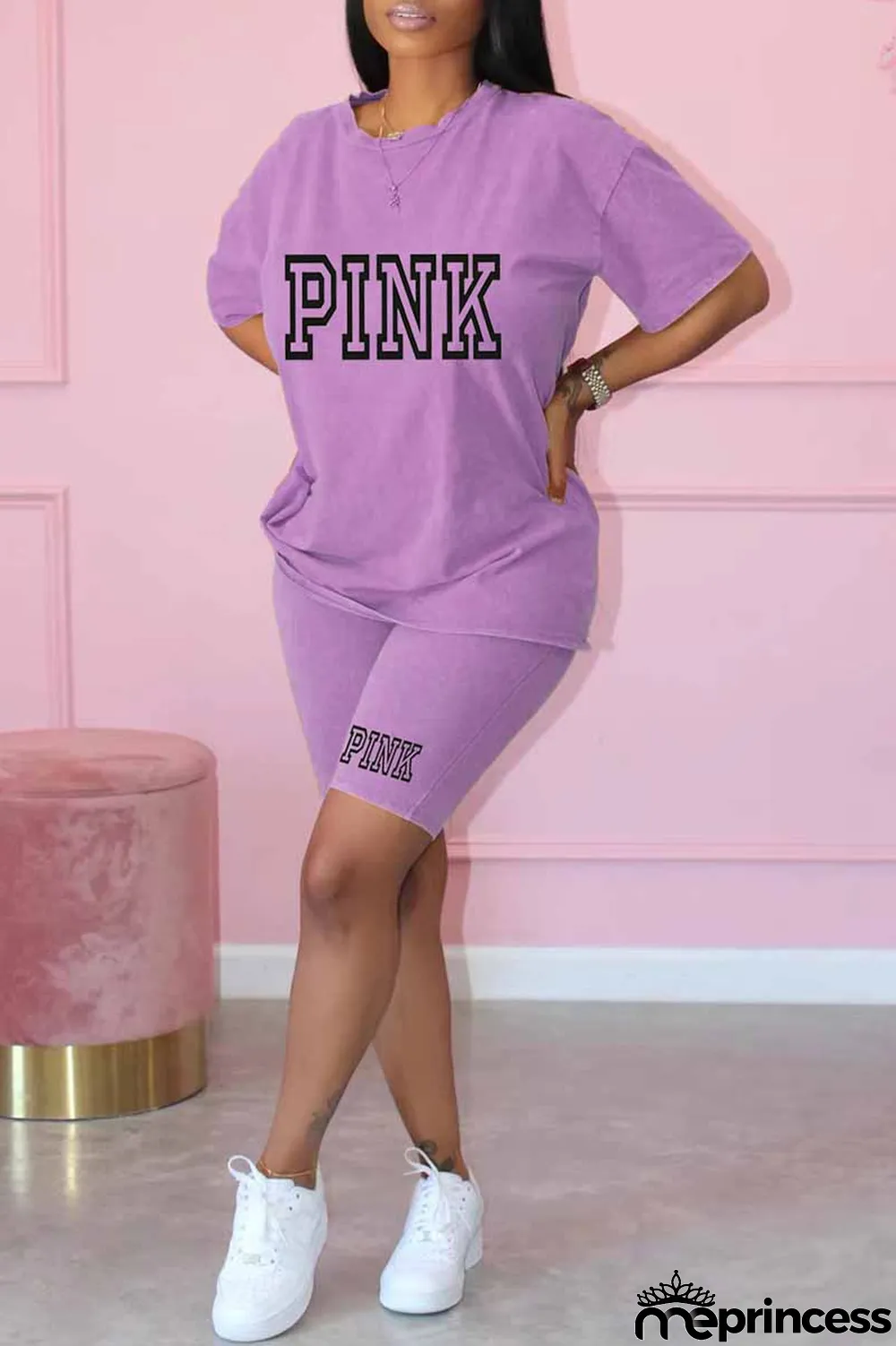 Purple Casual Print Letter O Neck Short Sleeve Two Pieces