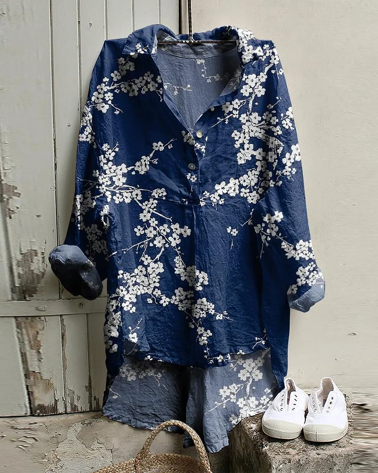 Vintage Cherry Blossom Art Cotton And Linen Button Leisure Tunic