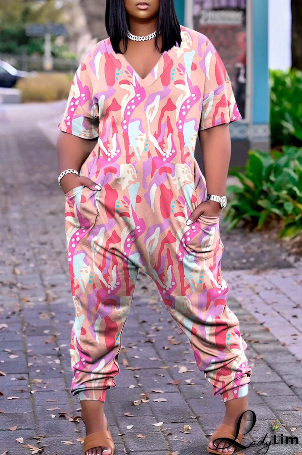 Pink Casual Print Patchwork V Neck Regular Jumpsuits