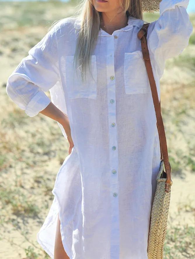 White Simple Long Sleeve Buttoned Dresses