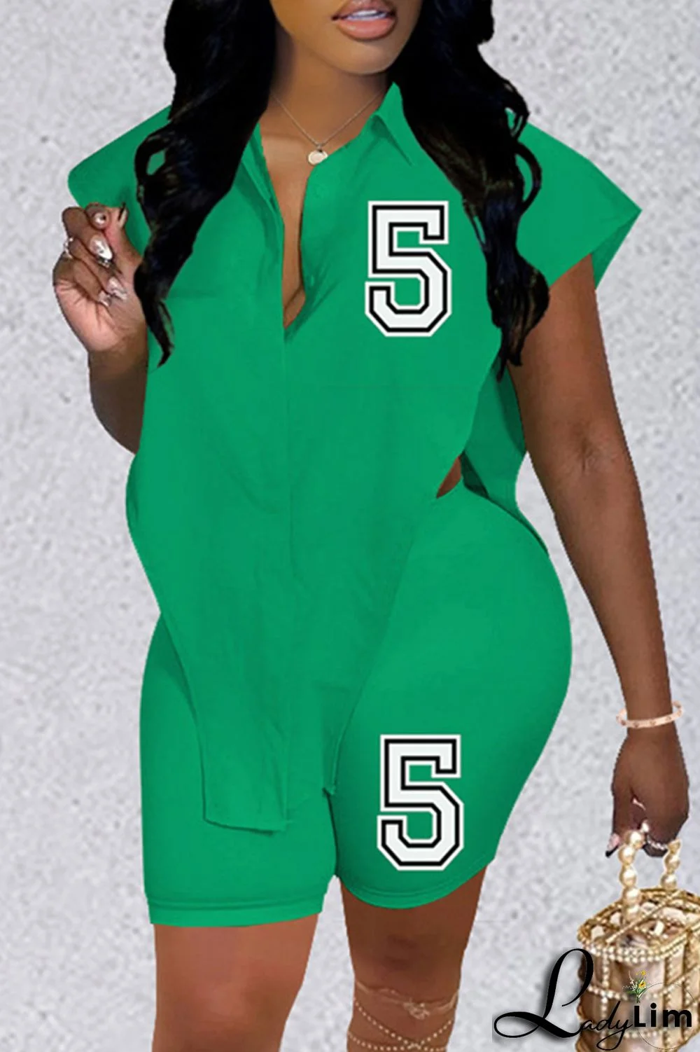 Green Fashion Casual Letter Print Asymmetrical Turndown Collar Sleeveless Two Pieces