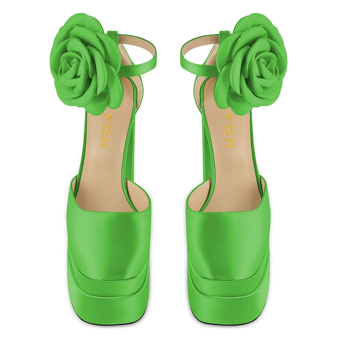 Green Satin Ankle Strap Square Toe Platform Heels with Flower