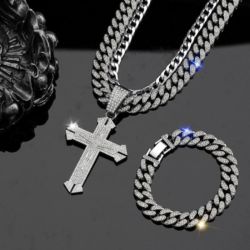 Jewelry Fashion Personalized Hip Hop Cross Pendant Necklace Men’s Full Diamond Cuban Link Chain Bracelet Suit