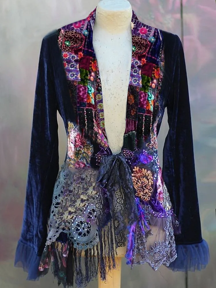 Ursime Vintage Boho Velvet Sheer Patchwork Bowknot Long Sleeve Jacket