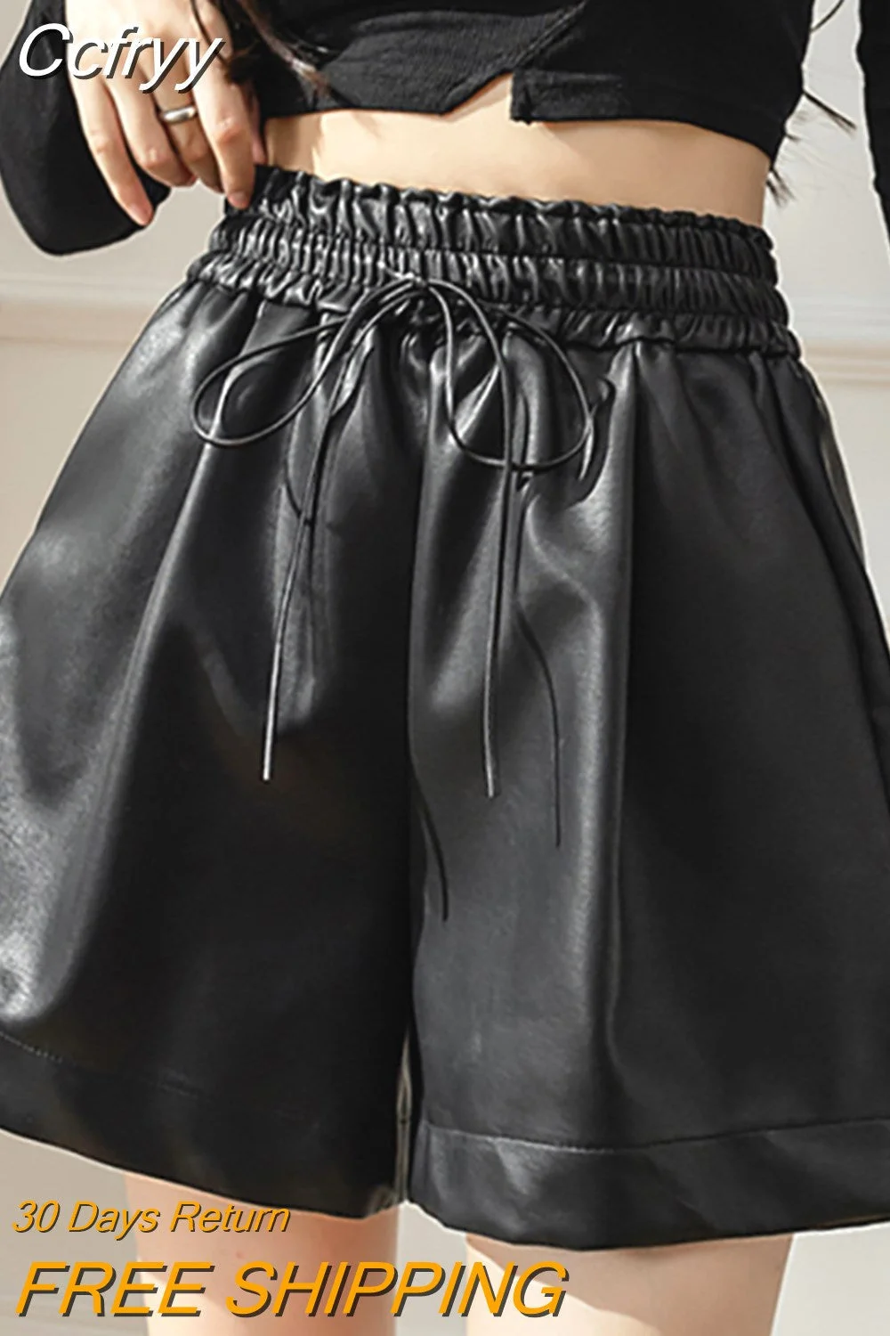 huibahe Korean Style PU Leather Shorts Women Winter Elastic High Waist Wide Leg Short Femme Black Womens Shorts Pantalones Cortos