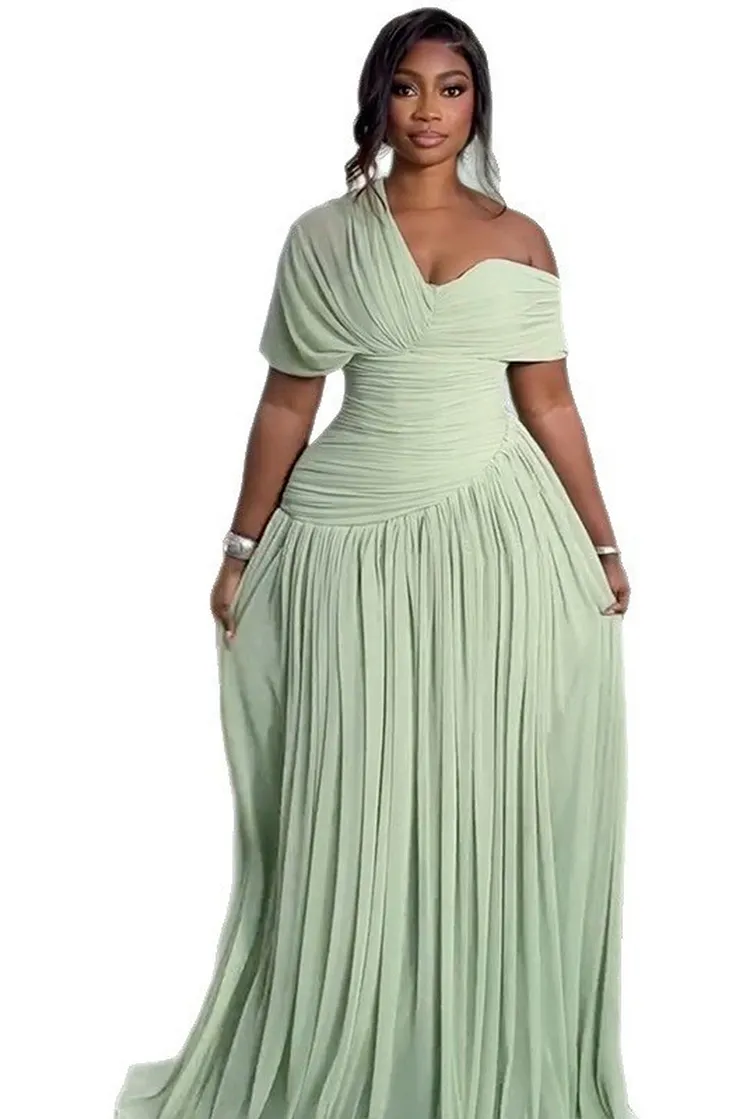 Asymmetric Neck Midi Dress with Tie Waist and Short Sleeves