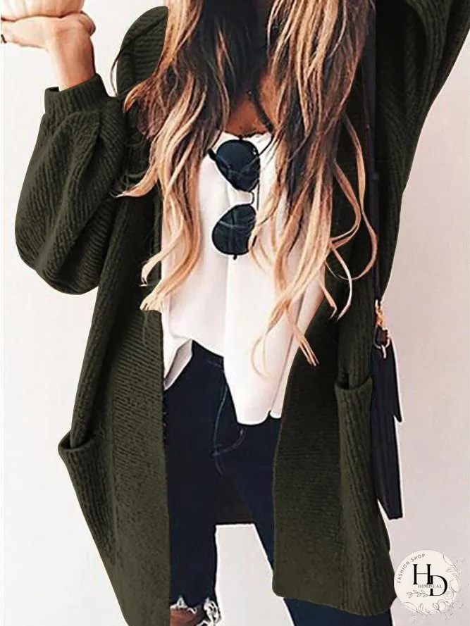 Cardigans Solid Pocket Long Sleeve Knitted Cardigan for Women