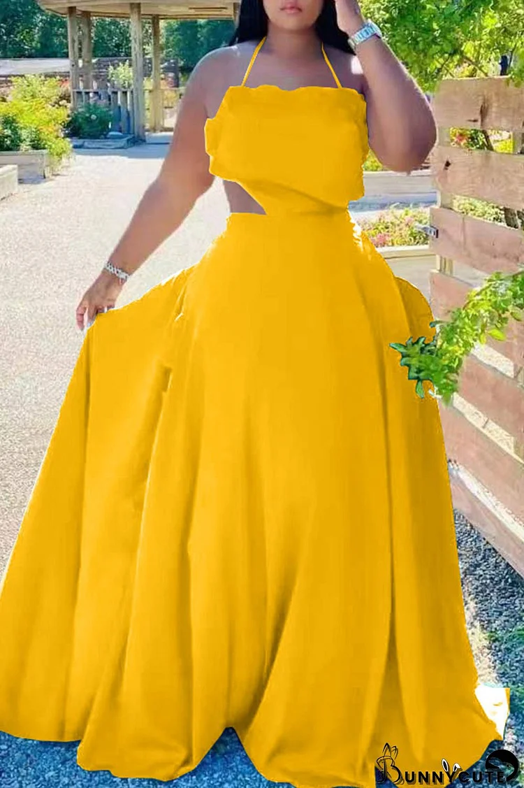 Yellow Sexy Solid Patchwork Backless Flounce Halter Long Dress Dresses