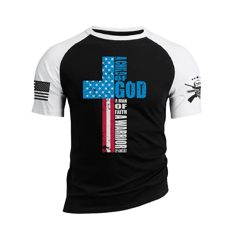 A CHILD OF GOD A MAN OF FAITH A WARRIOR OF CHRIST RAGLAN GRAPHIC TEE