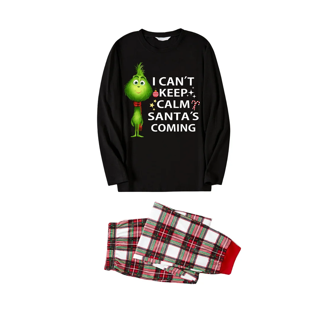 "I Can't Keep Calm, Santa's Coming" Slogan Printed Red and White Plaid Matching Pajamas