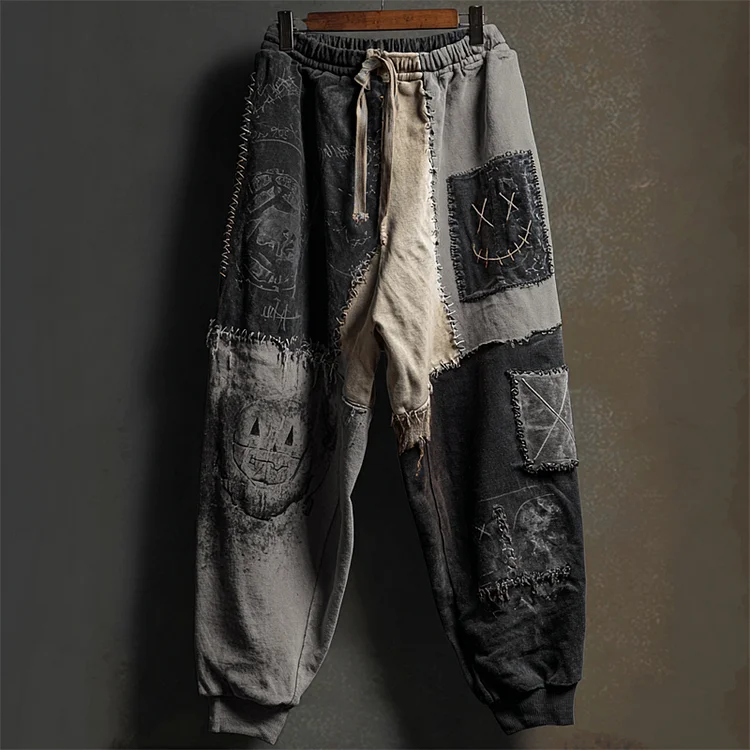 Halloween Stitched Faces Colorblock Patchwork Sweatpants