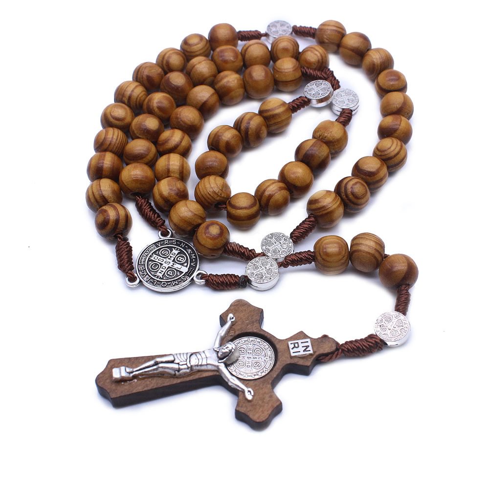 Rosary necklace handmade wooden cross necklace religious jewelry