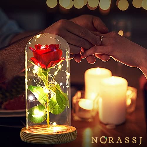 Silk Rose and Led Light in Glass Dome on Wooden Base Mohter's Day Decoration