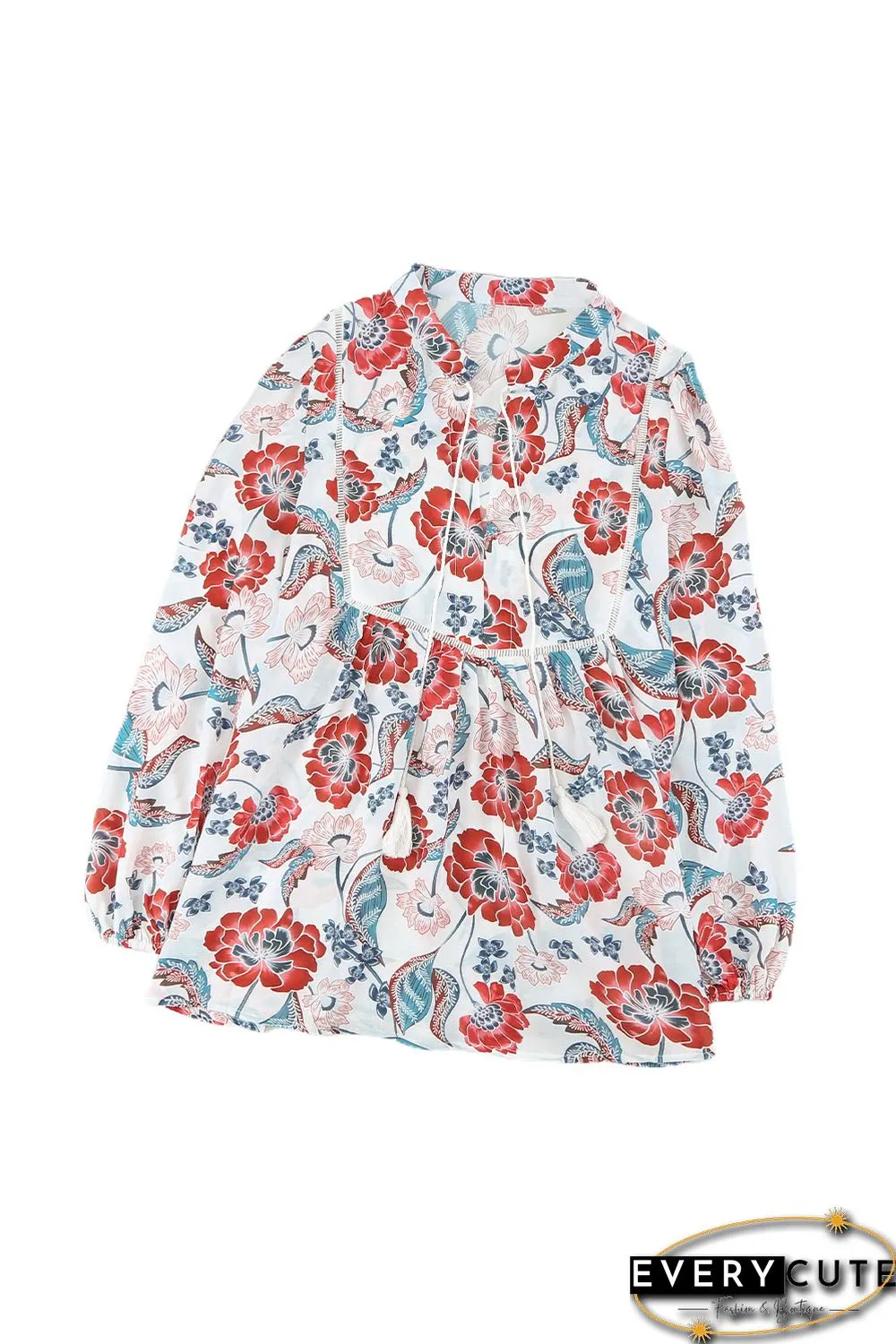 Red Split Neck Bubble Sleeve Floral Patchwork Blouse