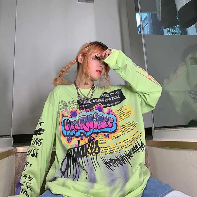 NiceMix 2020 Fashion Korean Streetwear Ladies Autumn Punk Tops Tees Women Printed Long Sleeve T Shirts Casual Hip Hop Clothing