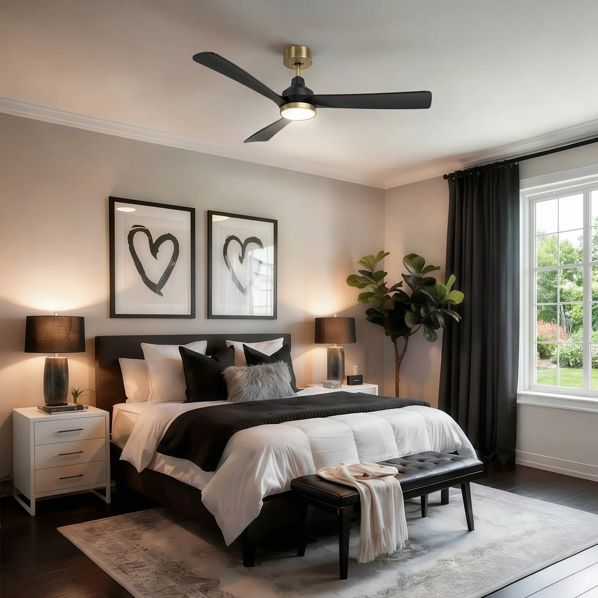 Layered home lighting design with a ceiling fan light as the central fixture