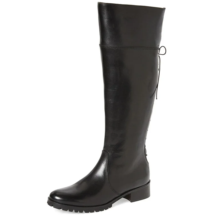 Black Fashion Boots Round Toe Flat Riding Boots |FSJ Shoes