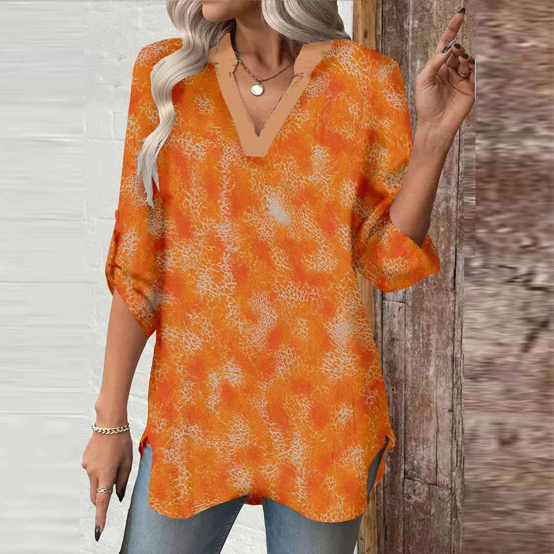 Women Textured, Orange DZGA0189 3/4 Sleeve V-neck Printed Graphic Button Tops
