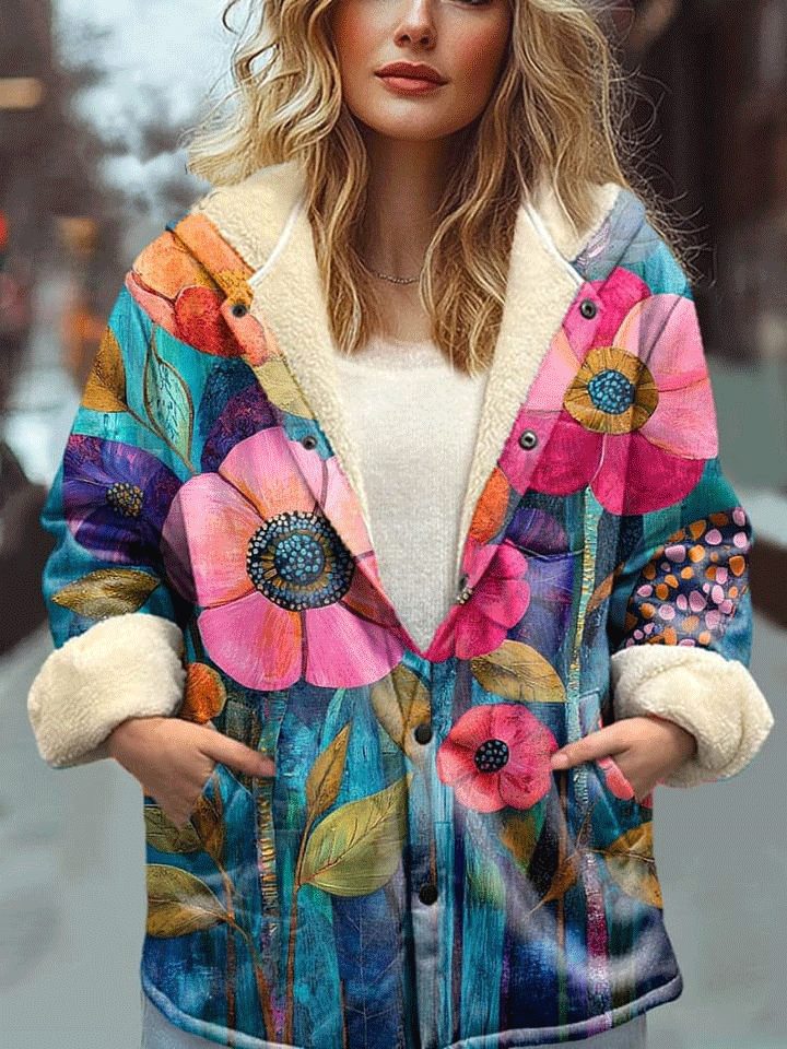Women's Lovely Floral Art Print Waffle Plush Thick Long-Sleeved Hooded Coat