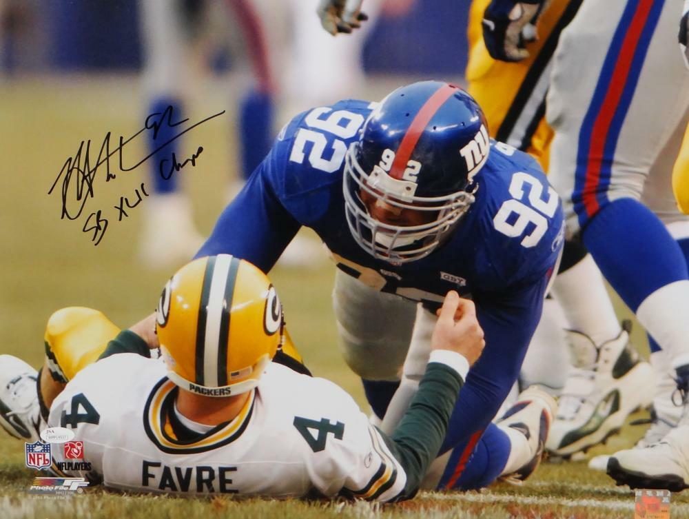 Michael Strahan Signed NY Giants 16x20 PF Photo Poster painting Sacking Favre w/ Insc JSA W Auth