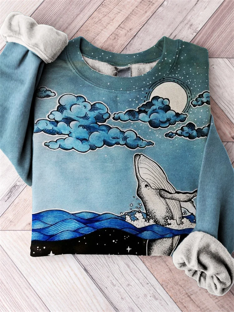 Whale Night Ocean Contrast Art Cozy Sweatshirt