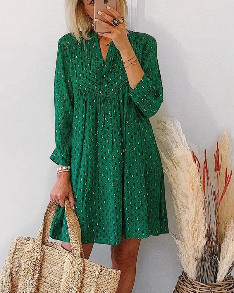 VigorDaily Build Me Up Babydoll Green Printed Dress