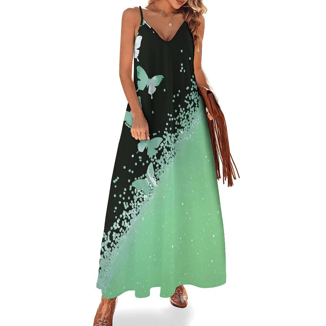 Style & Comfort for Mature Women Plus Size Printed Sling Casual Women Maxi Dress in Pattern Mint green, Butterfly, Glitter, Black