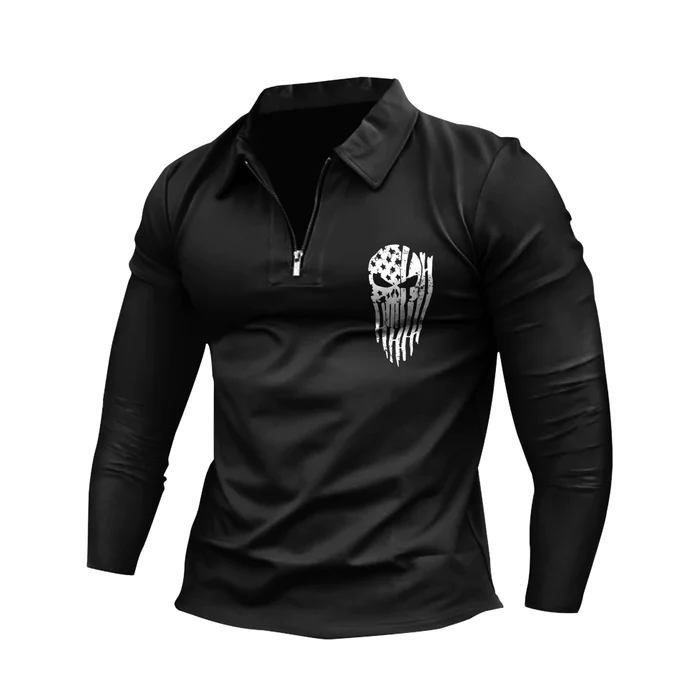 SKULL ZIPPER QUICK DRY GRAPHIC LONG SLEEVE POLO SHIRT