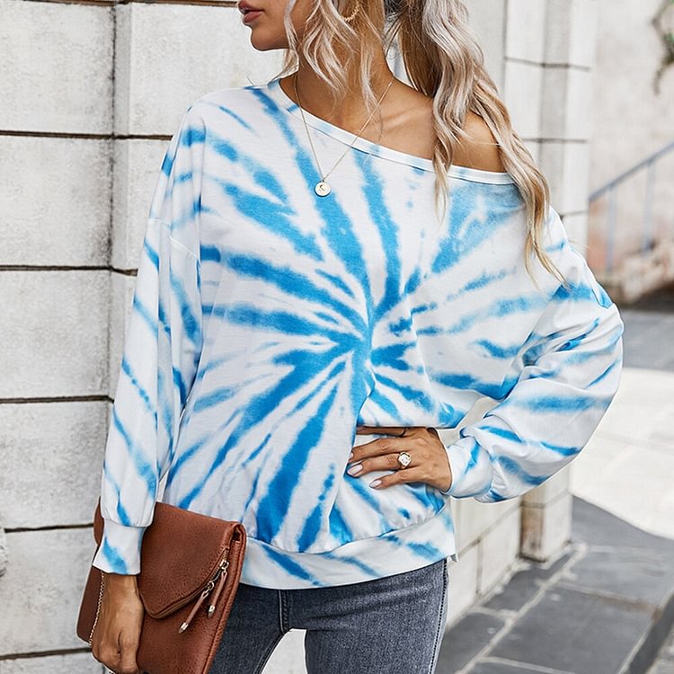 Sale Women's Tie Dye Print Long Sleeve Pullover Summer Casual Loose-shouldered Femme T-shirt Loose Tunic Tops Camisas Mujer D30 - BlackFridayBuys