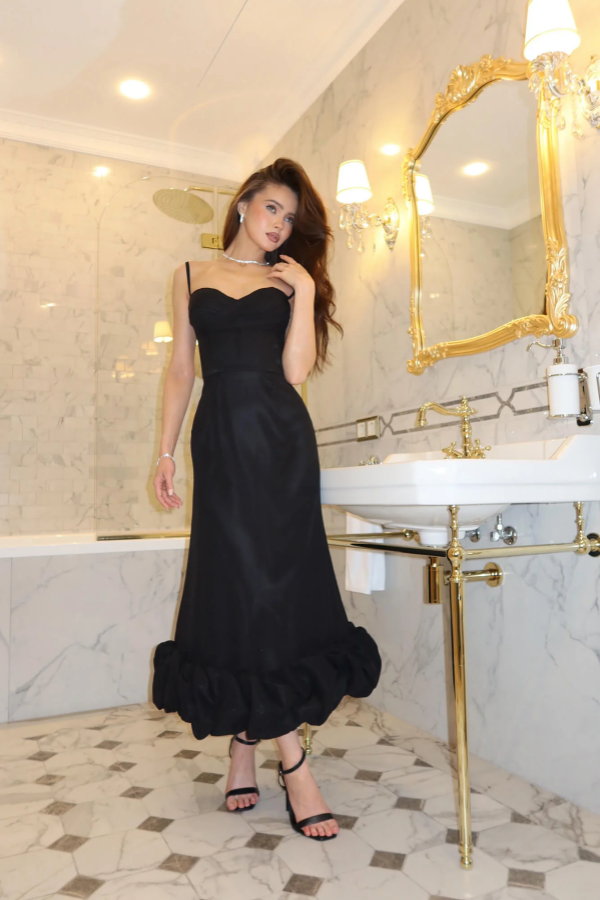 Black Spaghetti-Straps Ankle Length Bubble Edge Prom Dress ZT0776