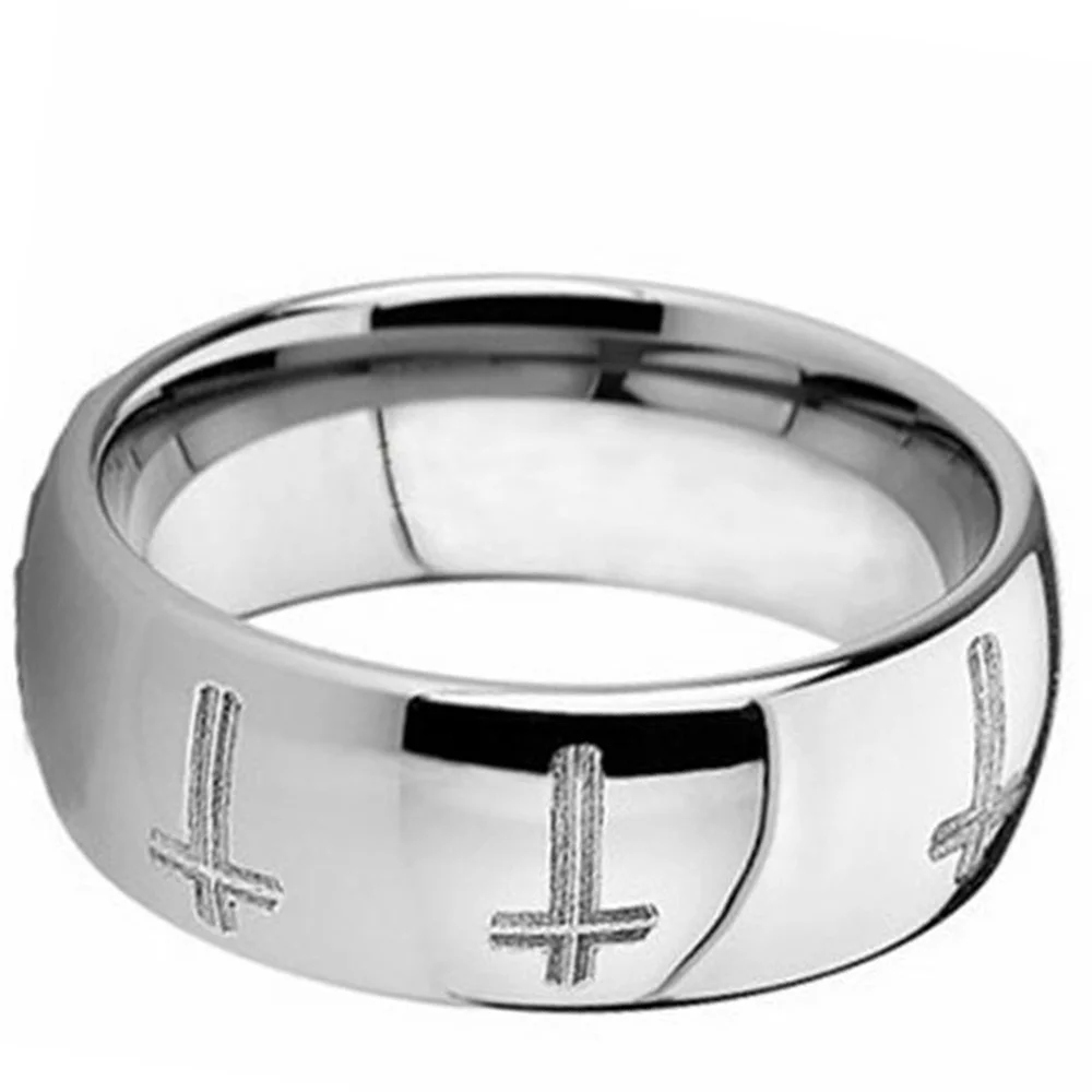 8MM Silver Mens Cross Religion Rings Dome Tungsten Wedding Bands